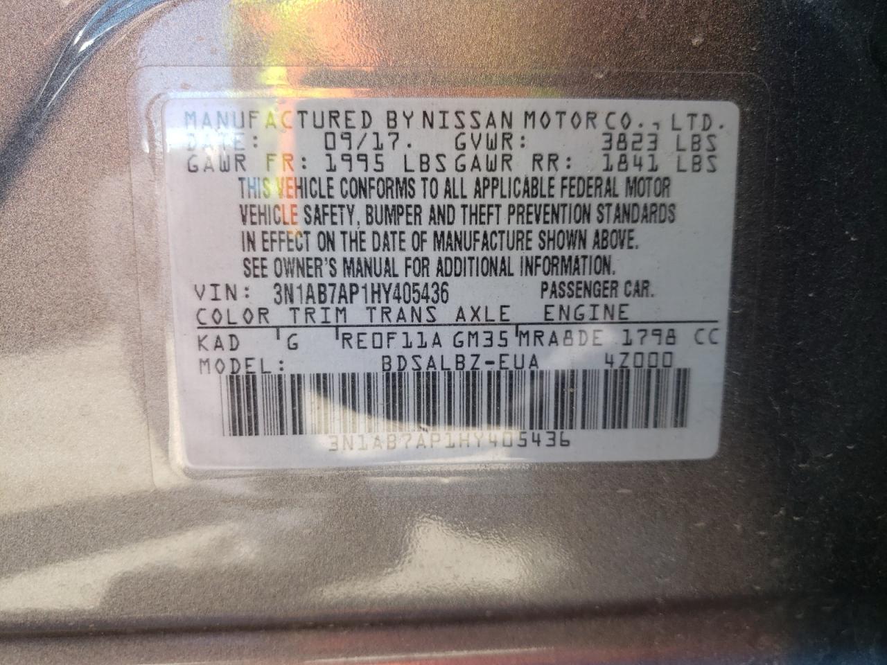 Photo 10 from auction – 2017 NISSAN SENTRA S with VIN 3N1AB7AP1HY405436
