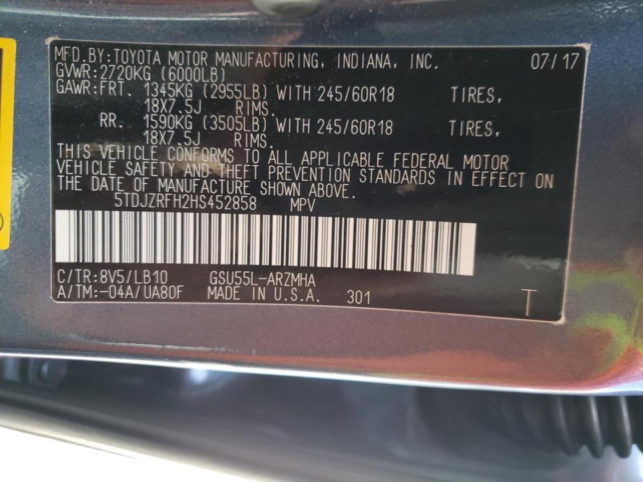 Photo 10 from auction – 2017 TOYOTA HIGHLANDER with VIN 5TDJZRFH2HS452858