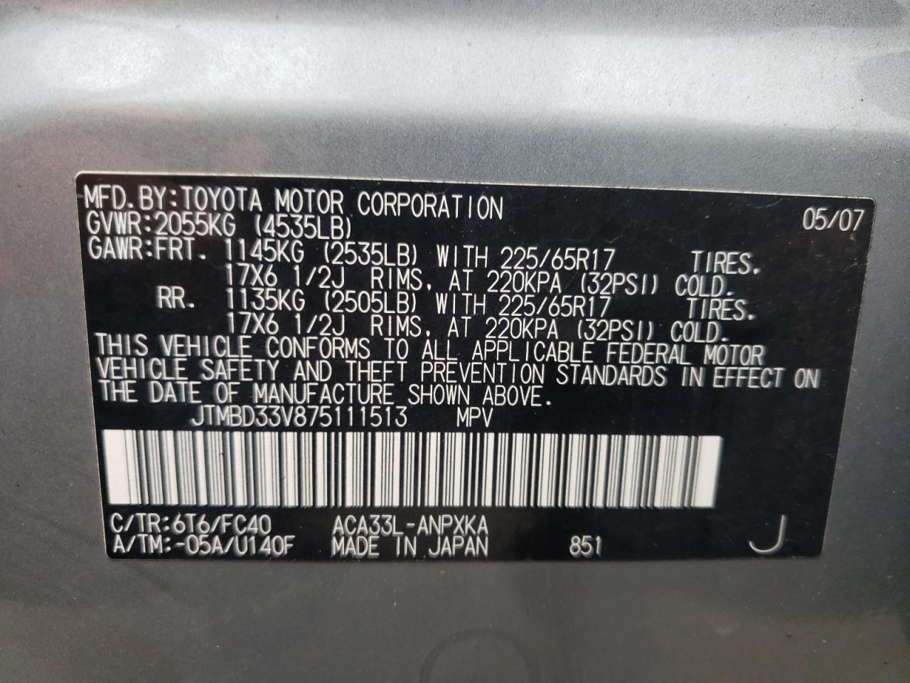 Photo 10 from auction – 2007 TOYOTA RAV4 with VIN JTMBD33V875111513