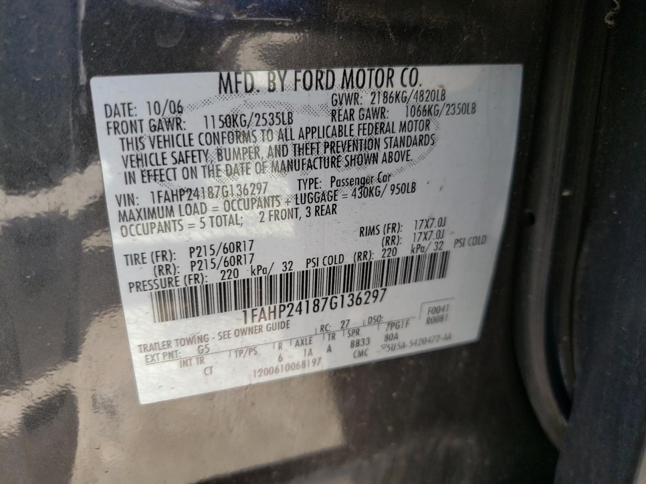 Photo 10 from auction – 2007 FORD FIVE HUNDR with VIN 1FAHP24187G136297