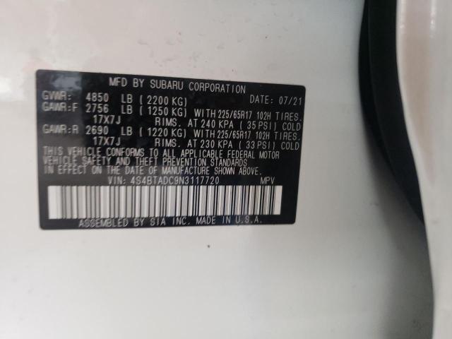 Photo 10 from auction – 2022 SUBARU OUTBACK PR with VIN 4S4BTADC9N3117720