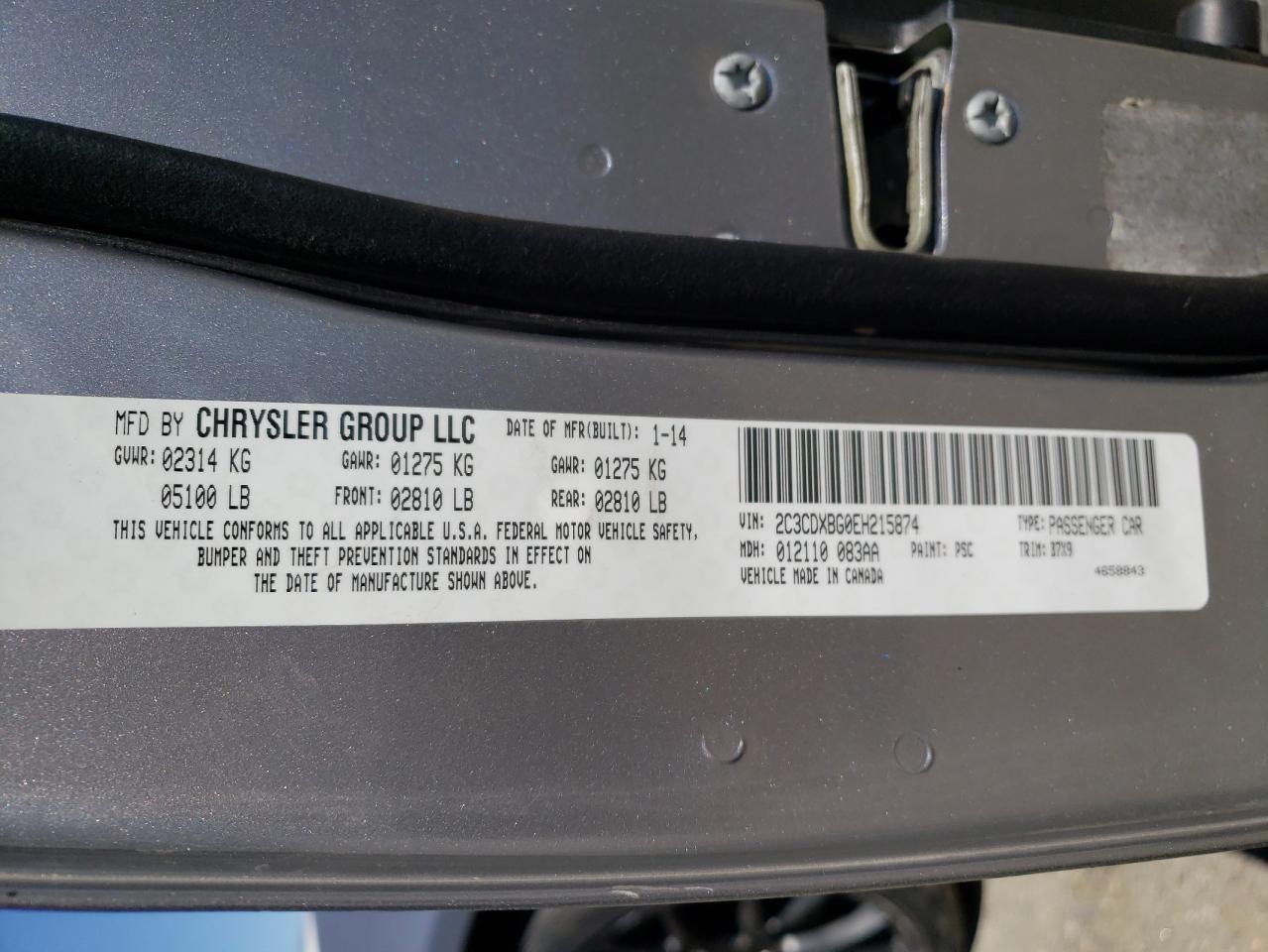 Photo 10 from auction – 2014 DODGE CHARGER SE with VIN 2C3CDXBG0EH215874