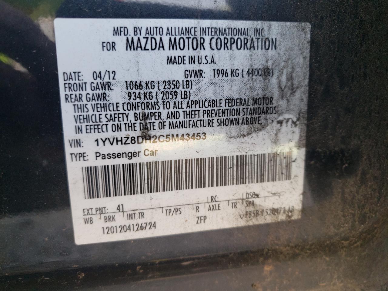 Photo 10 from auction – 2012 MAZDA 6 I with VIN 1YVHZ8DH2C5M43453