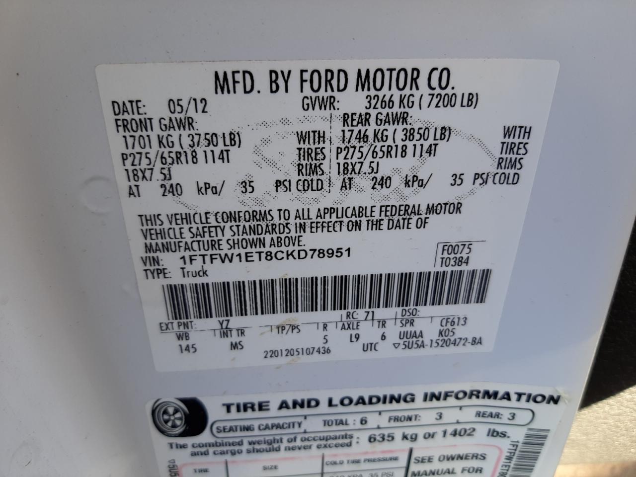 Photo 10 from auction – 2012 FORD F150 SUPER with VIN 1FTFW1ET8CKD78951