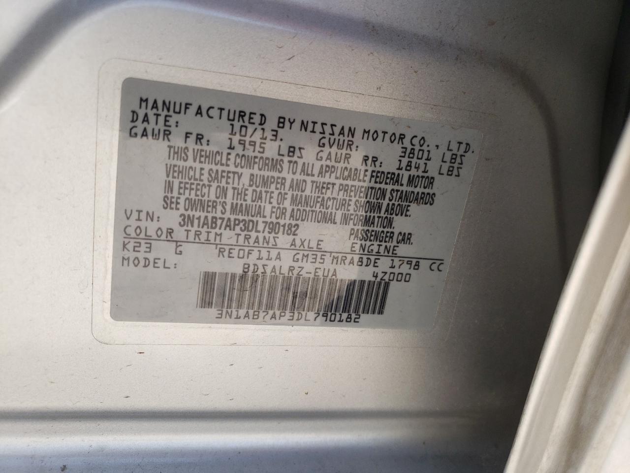 Photo 10 from auction – 2013 NISSAN SENTRA S with VIN 3N1AB7AP3DL790182