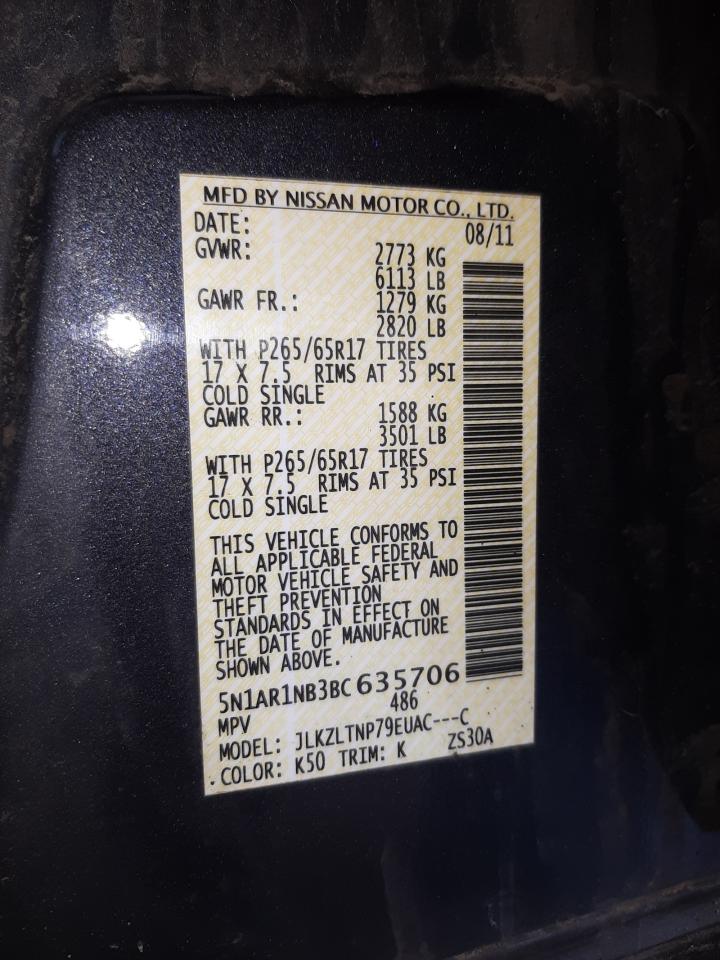 Photo 10 from auction – 2011 NISSAN PATHFINDER with VIN 5N1AR1NB3BC635706