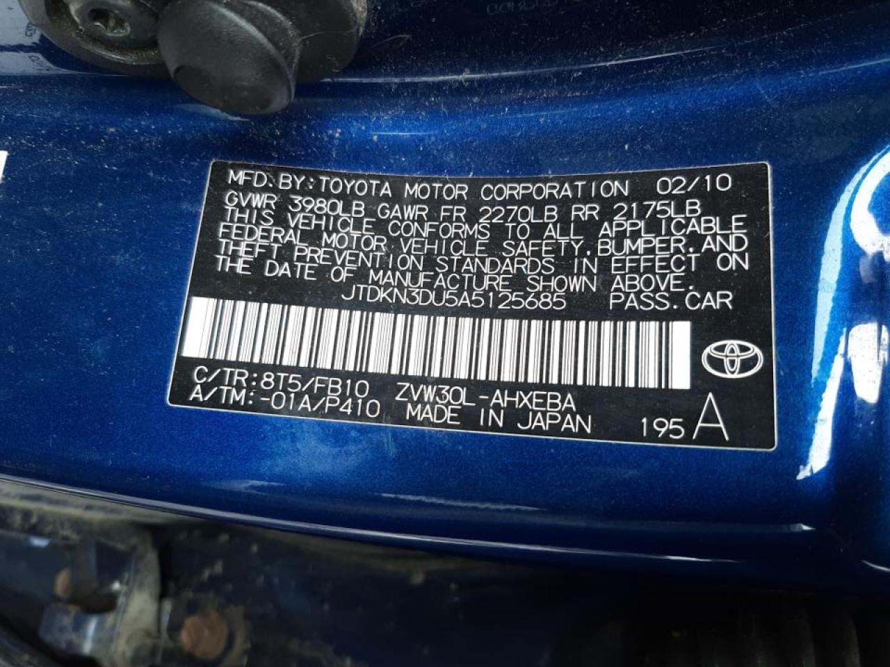 Photo 10 from auction – 2010 TOYOTA PRIUS with VIN JTDKN3DU5A5125685