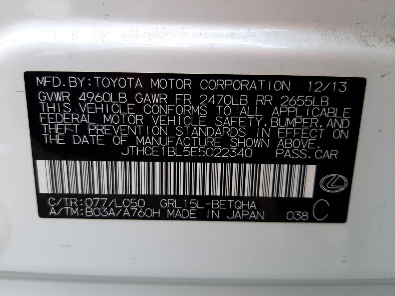 Photo 10 from auction – 2014 LEXUS GS 350 with VIN JTHCE1BL5E5022340