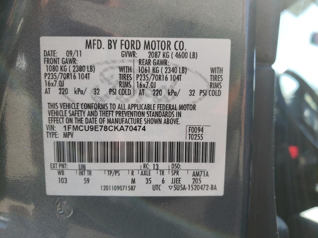 Photo 10 from auction – 2012 FORD ESCAPE LIM with VIN 1FMCU9E78CKA70474