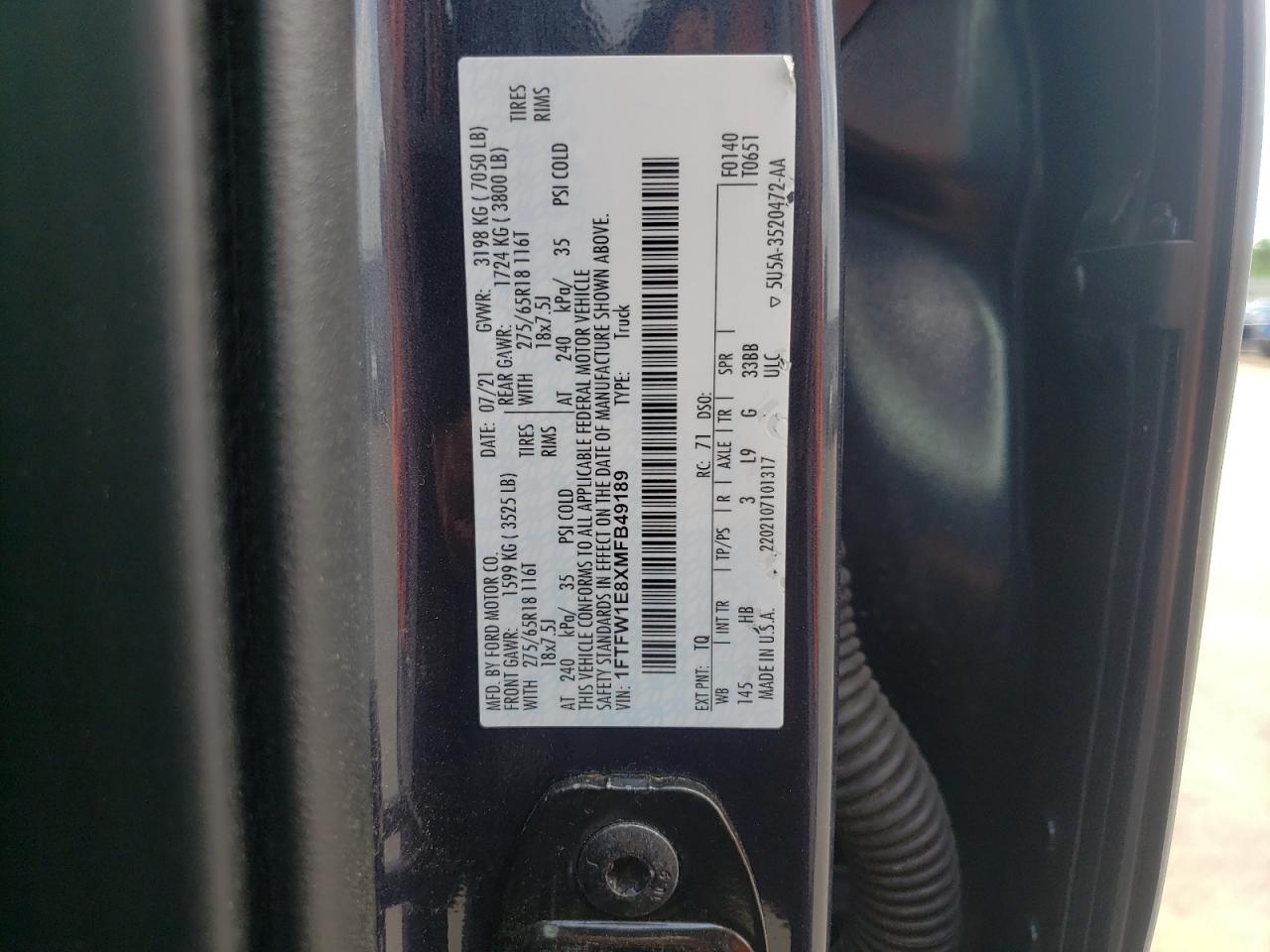 Photo 10 from auction – 2021 FORD F150 SUPER with VIN 1FTFW1E8XMFB49189