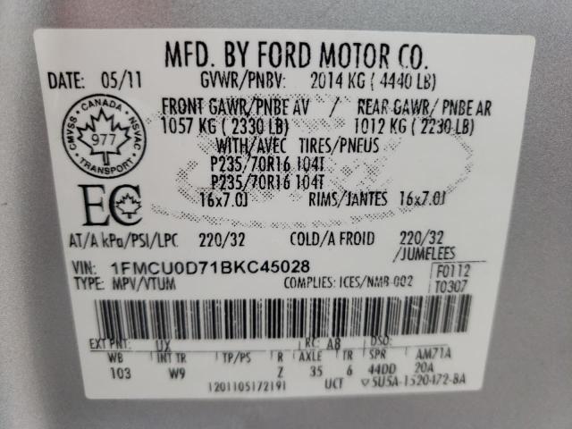 Photo 10 from auction – 2011 FORD ESCAPE XLT with VIN 1FMCU0D71BKC45028