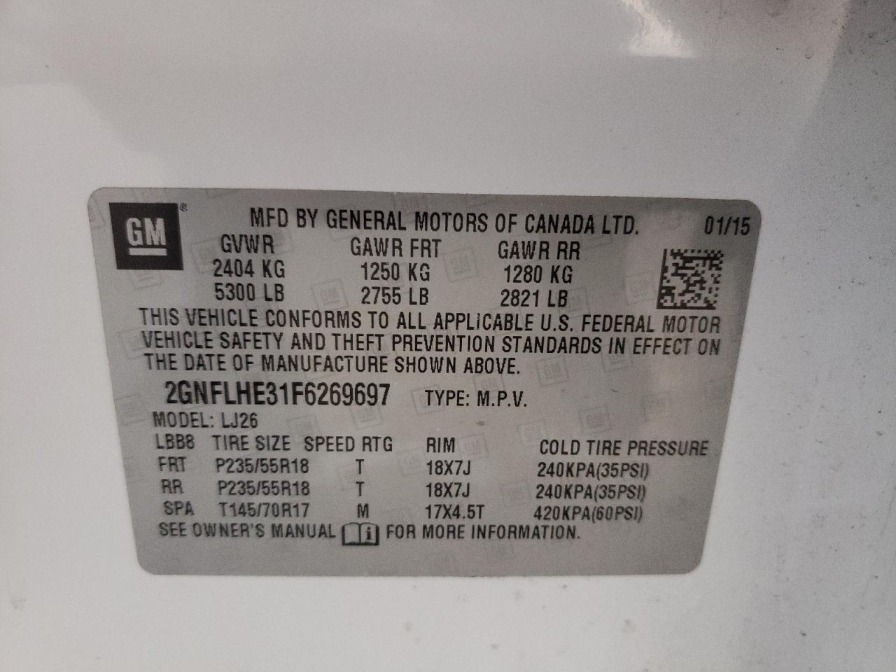 Photo 11 from auction – 2015 CHEVROLET EQUINOX LT with VIN 2GNFLHE31F6269697