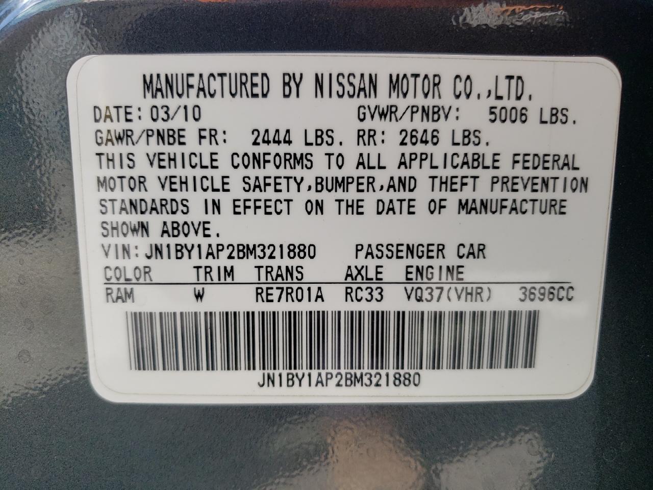 Photo 10 from auction – 2011 INFINITI M37 with VIN JN1BY1AP2BM321880