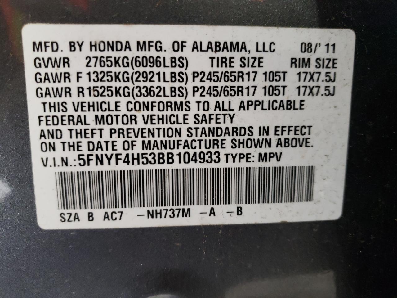 Photo 10 from auction – 2011 HONDA PILOT EXL with VIN 5FNYF4H53BB104933