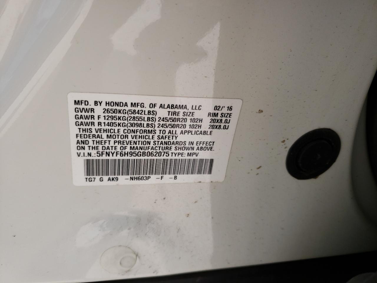 Photo 10 from auction – 2016 HONDA PILOT TOUR with VIN 5FNYF6H95GB062075