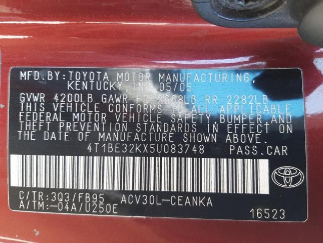 TOYOTA CAMRY LE 2005 with VIN 4T1BE32KX5U083748 - Photo from auction