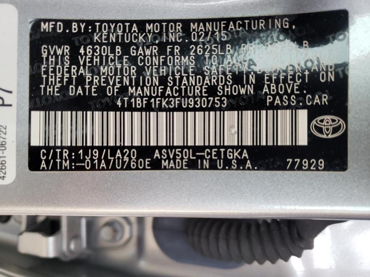 Photo 10 from auction – 2015 TOYOTA CAMRY LE with VIN 4T1BF1FK3FU930753