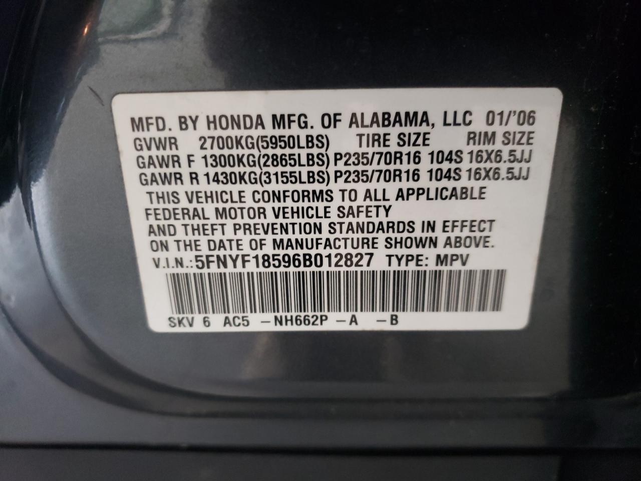 Photo 10 from auction – 2006 HONDA PILOT with VIN 5FNYF18596B012827