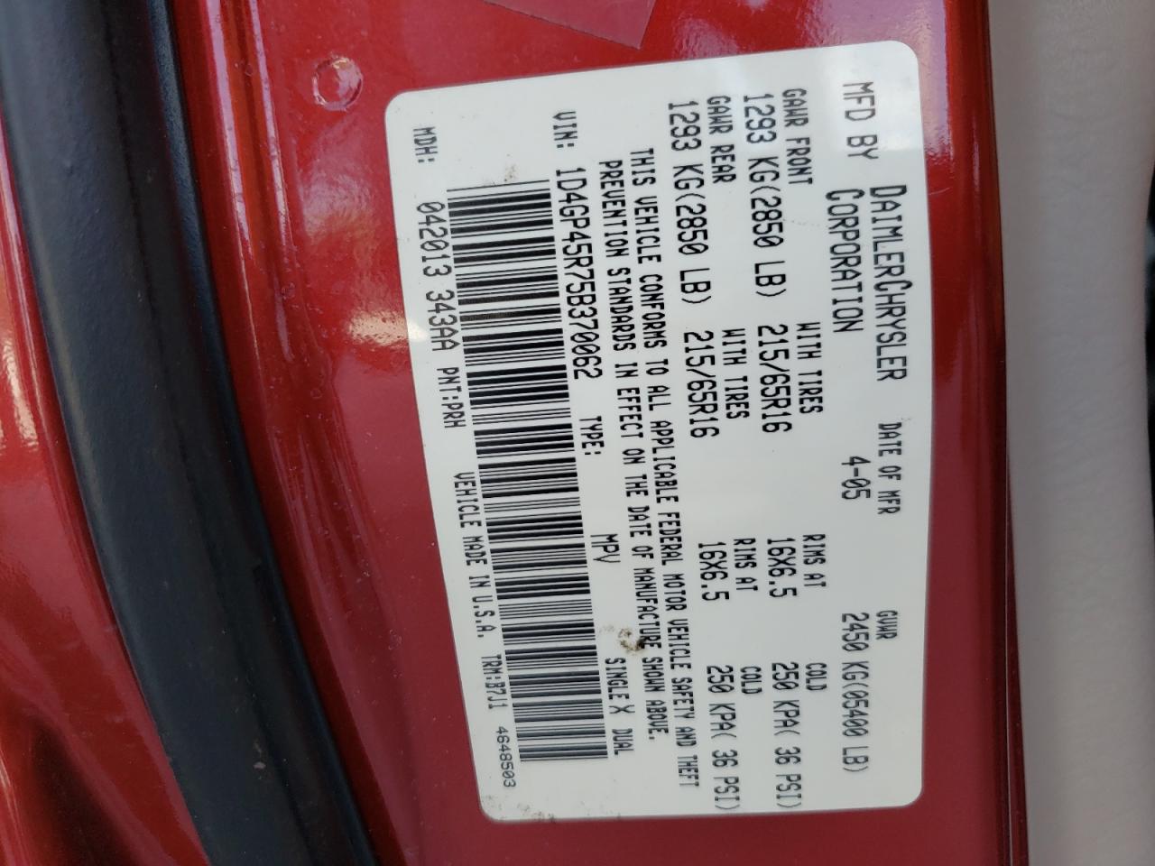 Photo 10 from auction – 2005 DODGE CARAVAN SX with VIN 1D4GP45R75B370062