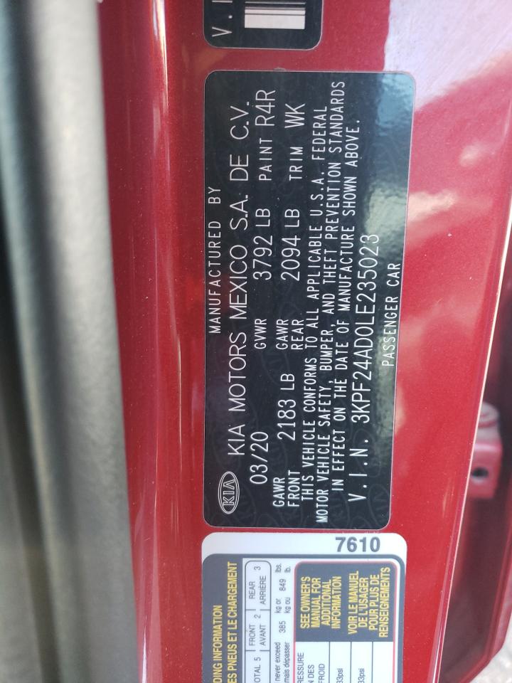 Photo 10 from auction – 2020 KIA FORTE FE with VIN 3KPF24AD0LE235023