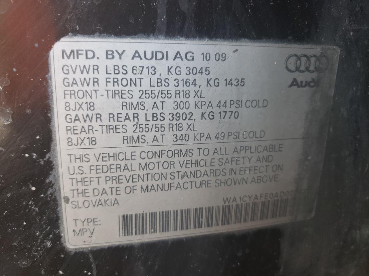 Photo 10 from auction – 2010 AUDI Q7 PREMIUM with VIN WA1CYAFE0AD002639