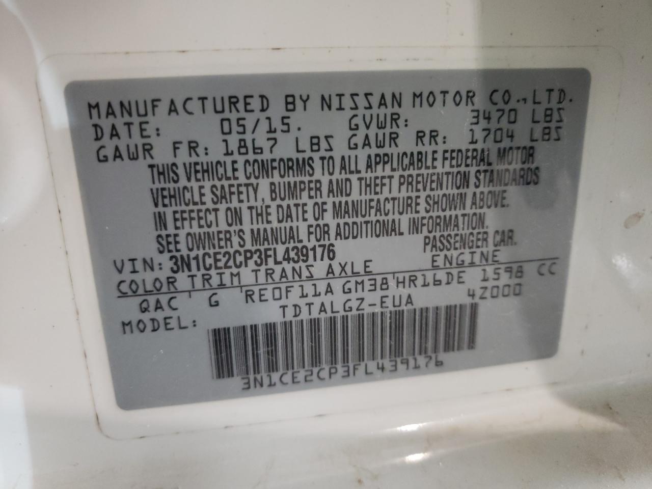 Photo 10 from auction – 2015 NISSAN VERSA NOTE with VIN 3N1CE2CP3FL439176