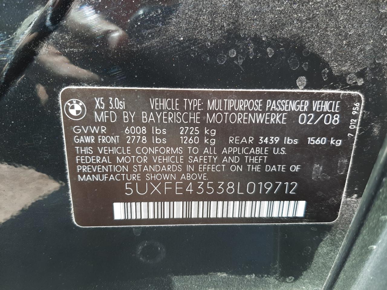 Photo 10 from auction – 2008 BMW X5 3.0I with VIN 5UXFE43538L019712