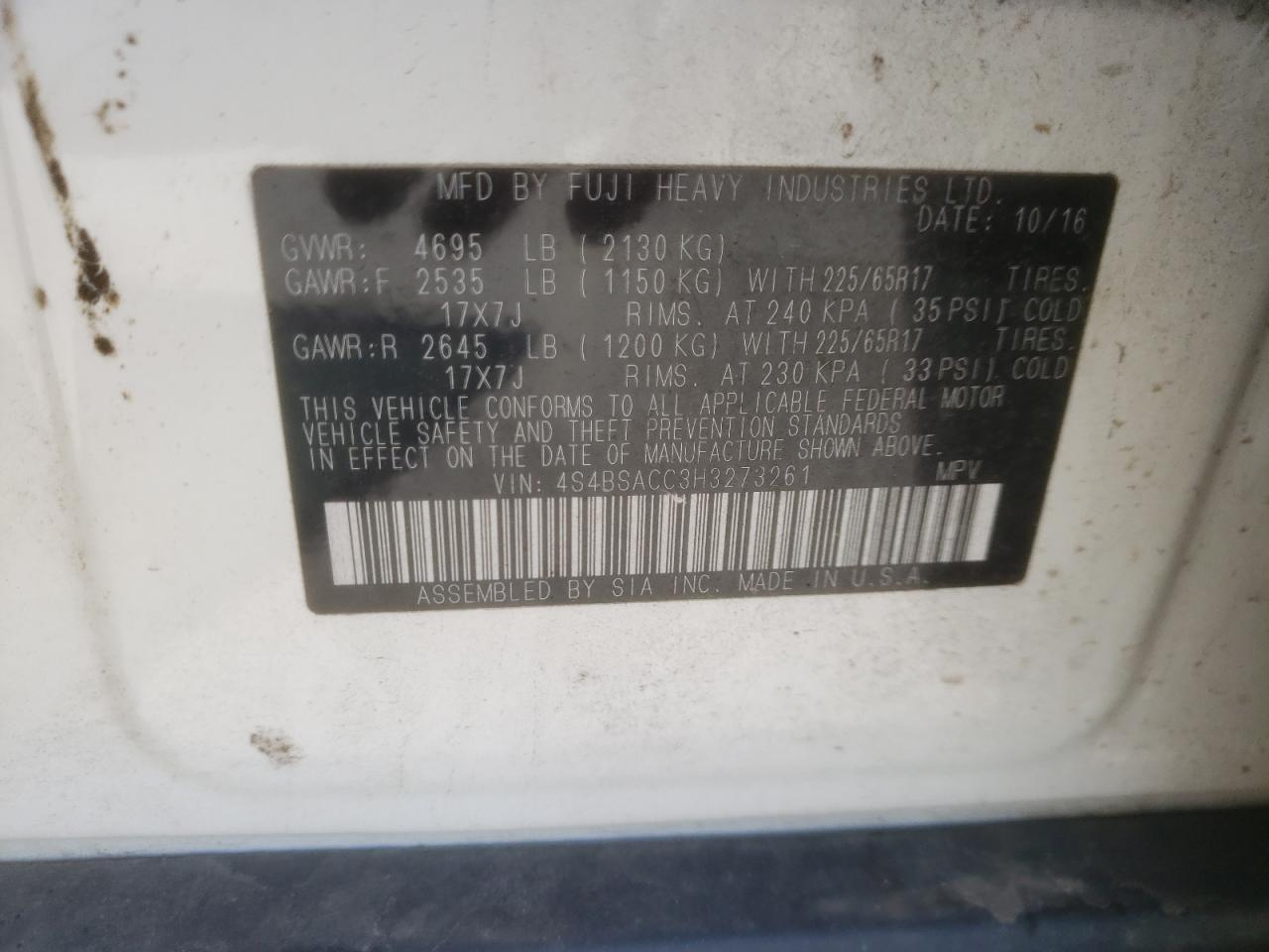 Photo 10 from auction – 2017 SUBARU OUTBACK 2. with VIN 4S4BSACC3H3273261