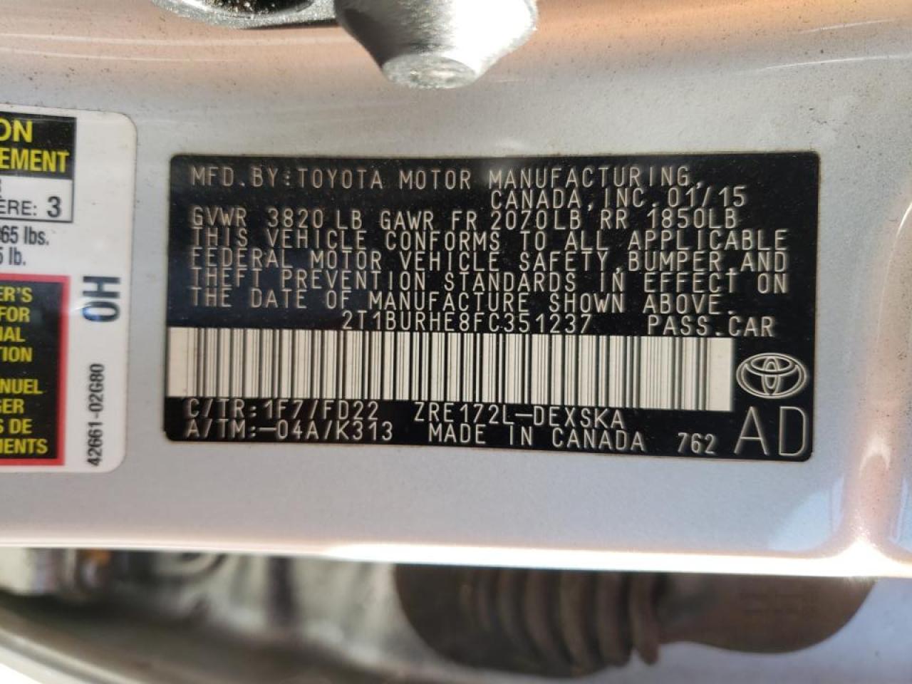 Photo 10 from auction – 2015 TOYOTA COROLLA L with VIN 2T1BURHE8FC351237