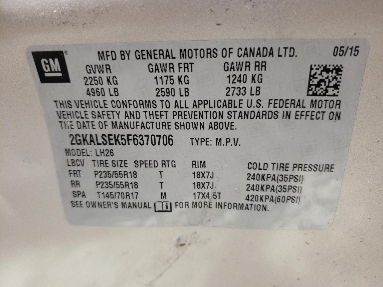 Photo 10 from auction – 2015 GMC TERRAIN SL with VIN 2GKALSEK5F6370706