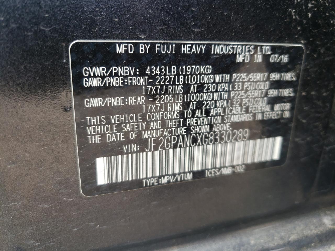 Photo 11 from auction – 2016 SUBARU CROSSTREK with VIN JF2GPANCXG8330289