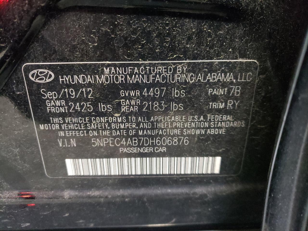 Photo 10 from auction – 2013 HYUNDAI SONATA SE with VIN 5NPEC4AB7DH606876