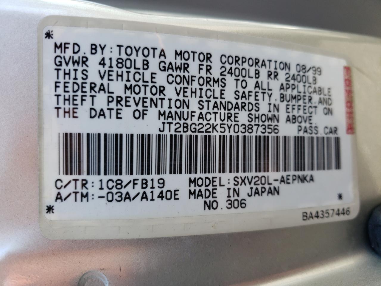 Photo 10 from auction – 2000 TOYOTA CAMRY CE with VIN JT2BG22K5Y0387356