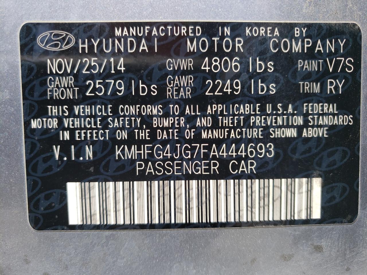 Photo 11 from auction – 2015 HYUNDAI AZERA with VIN KMHFG4JG7FA444693