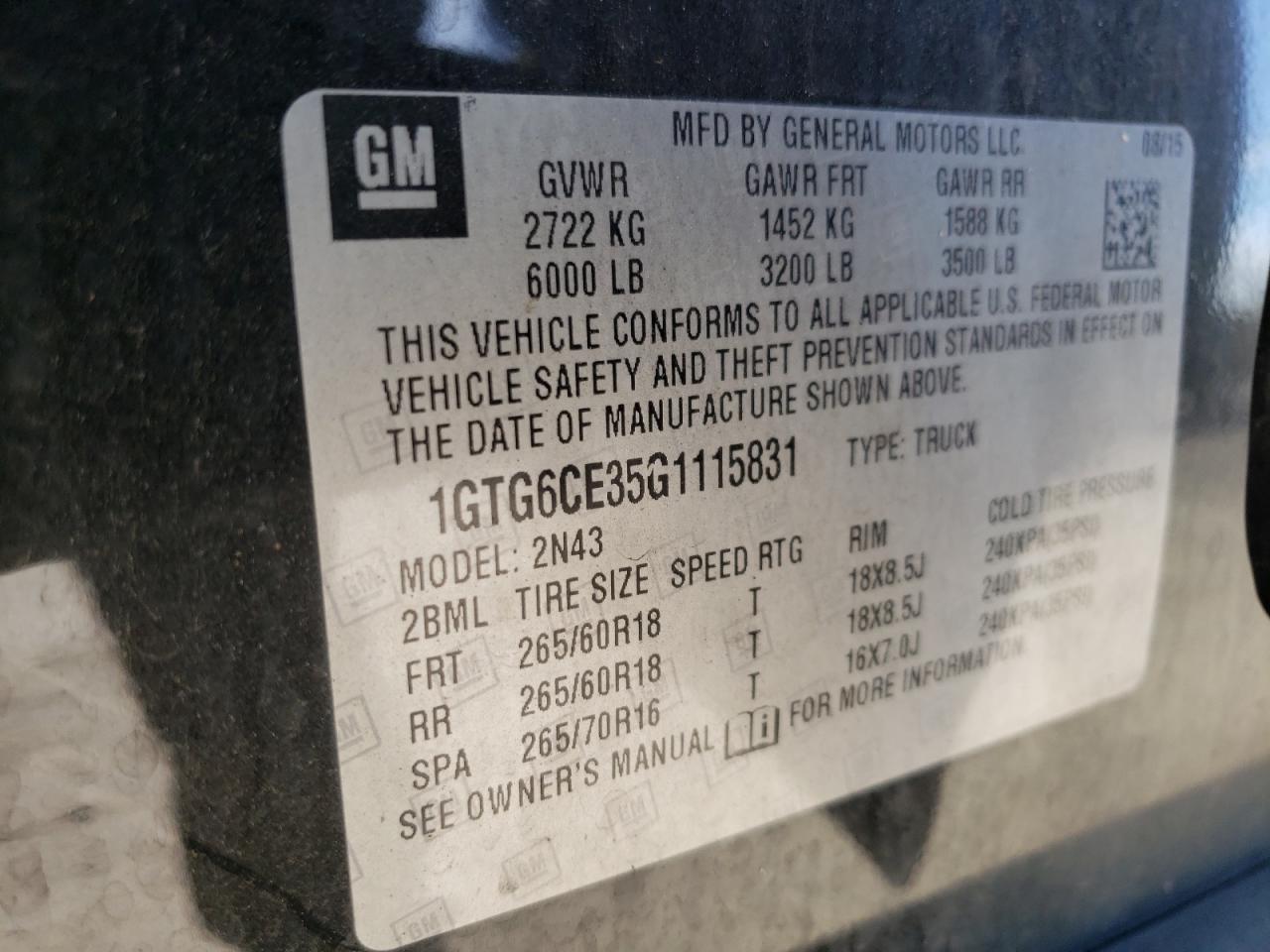 Photo 10 from auction – 2016 GMC CANYON SLE with VIN 1GTG6CE35G1115831