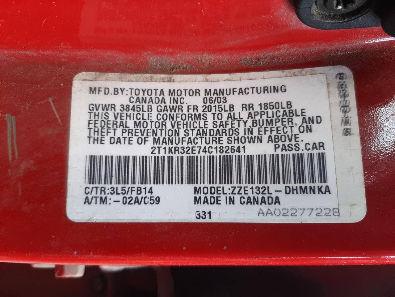 Photo 10 from auction – 2004 TOYOTA COROLLA MA with VIN 2T1KR32E74C182641