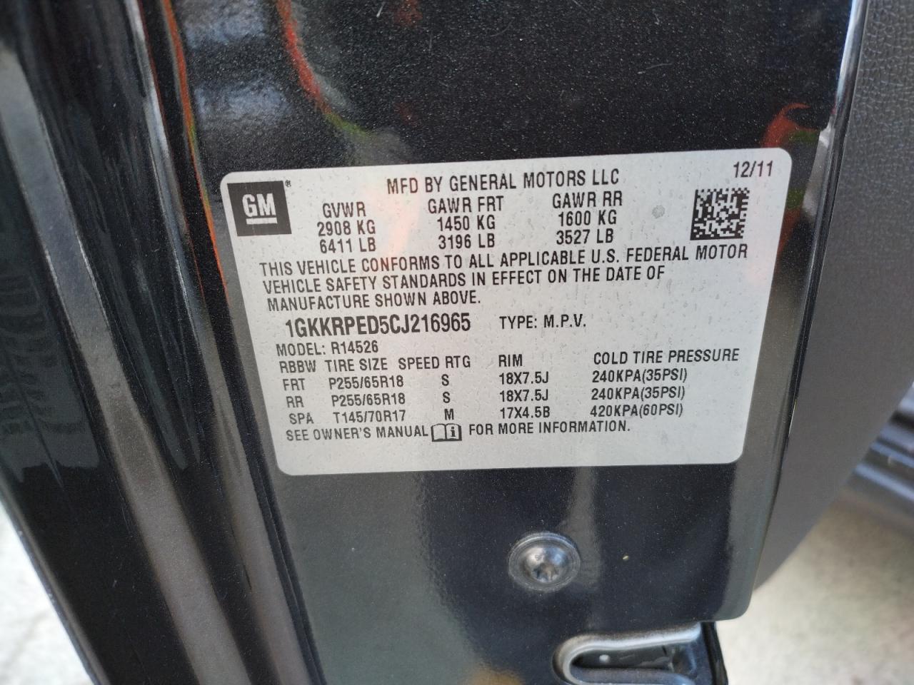 Photo 10 from auction – 2012 GMC ACADIA SLE with VIN 1GKKRPED5CJ216965