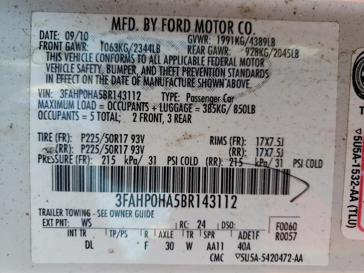 Photo 10 from auction – 2011 FORD FUSION SE with VIN 3FAHP0HA5BR143112