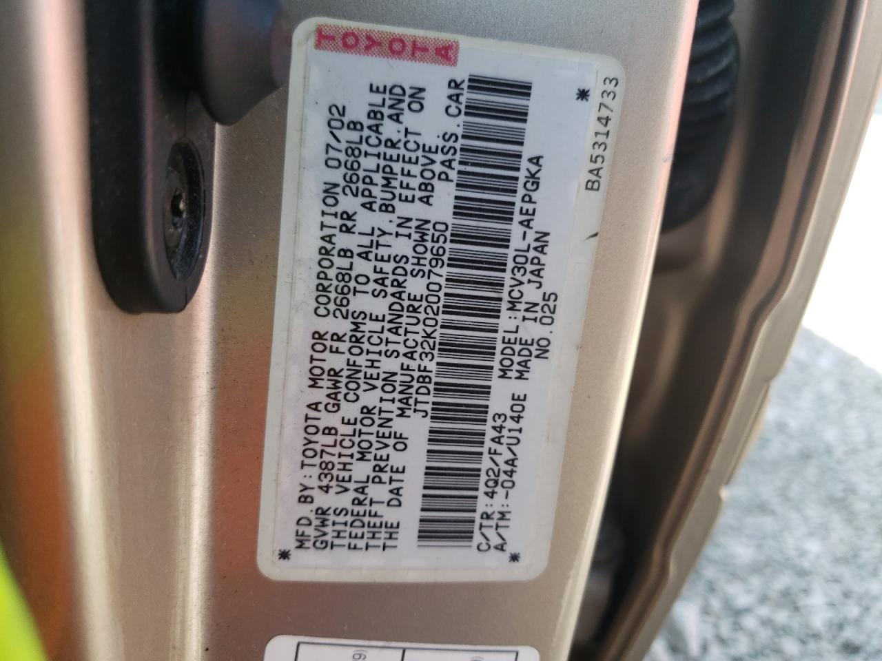 Photo 10 from auction – 2002 TOYOTA CAMRY LE with VIN JTDBF32K020079650