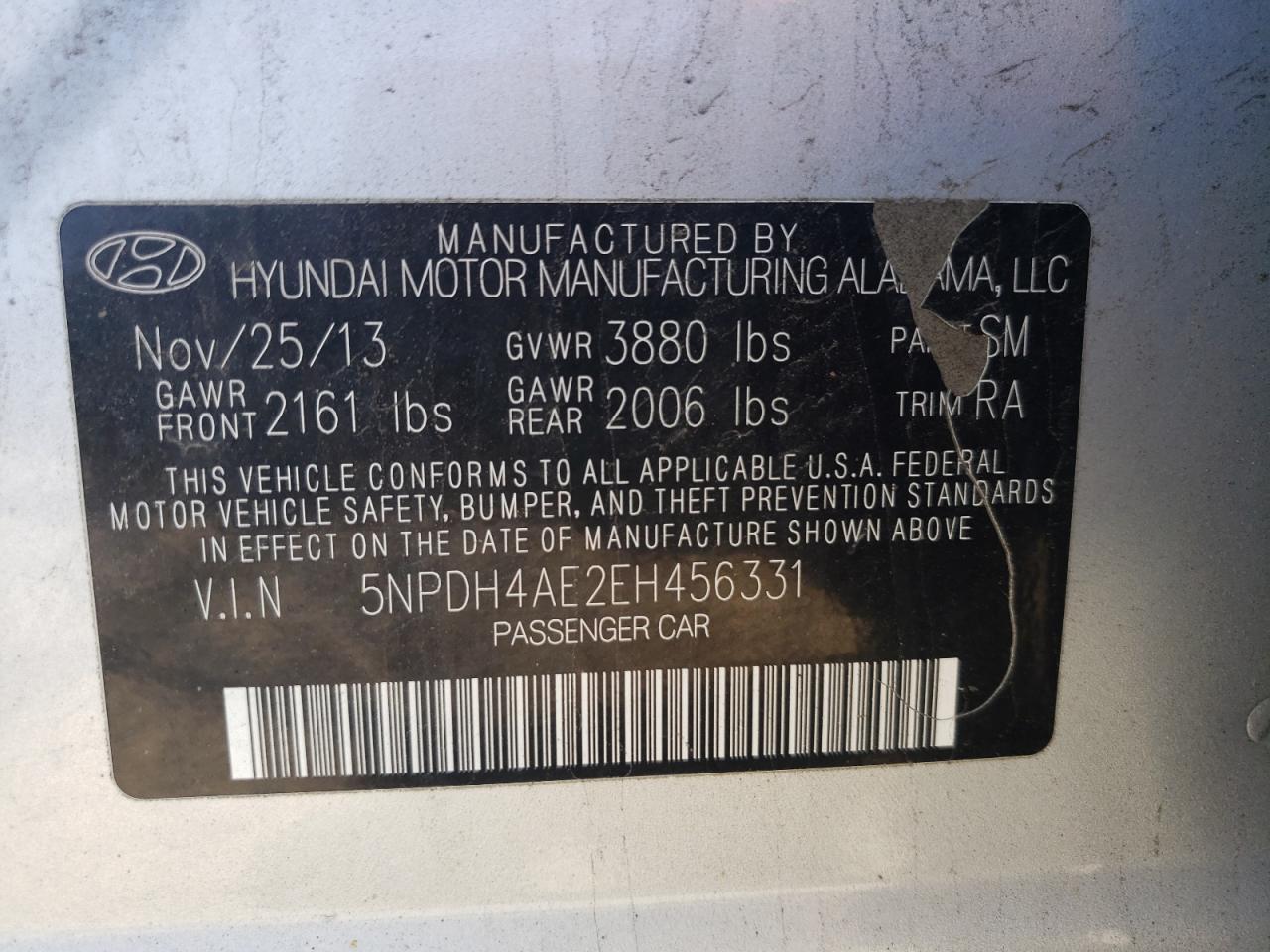 Photo 10 from auction – 2014 HYUNDAI ELANTRA SE with VIN 5NPDH4AE2EH456331