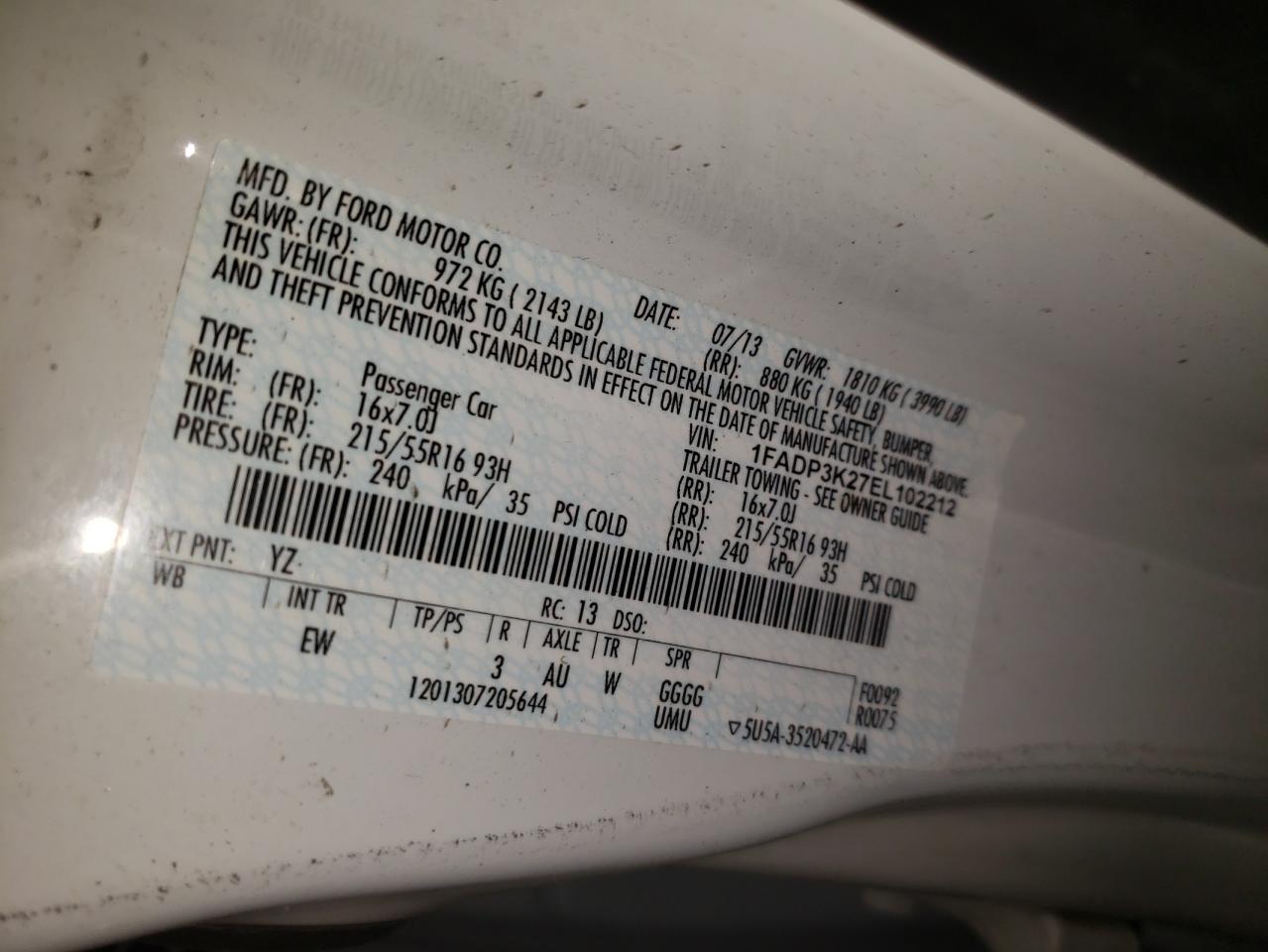 Photo 10 from auction – 2014 FORD FOCUS SE with VIN 1FADP3K27EL102212