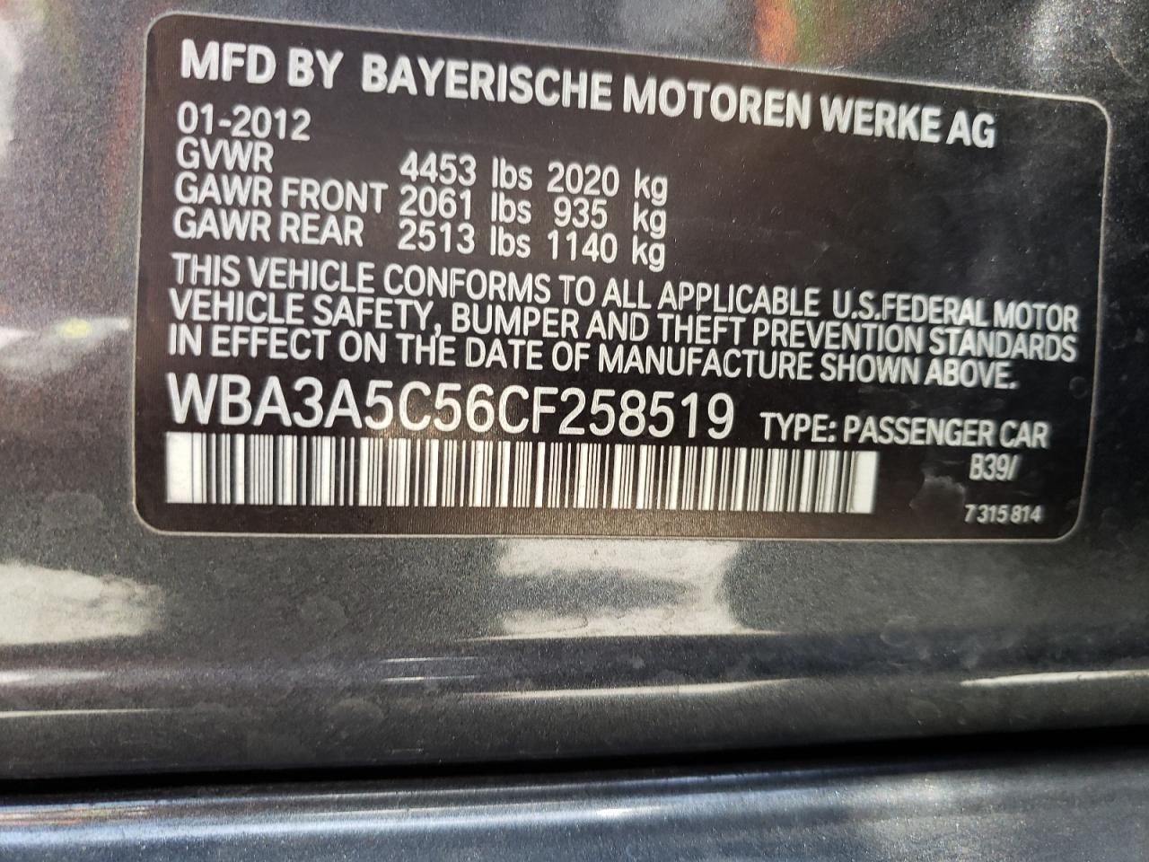 Photo 10 from auction – 2012 BMW 328 I with VIN WBA3A5C56CF258519