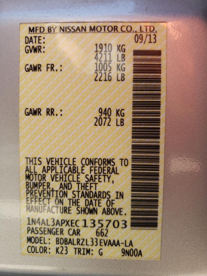 Photo 10 from auction – 2014 NISSAN ALTIMA 2.5 with VIN 1N4AL3APXEC135703
