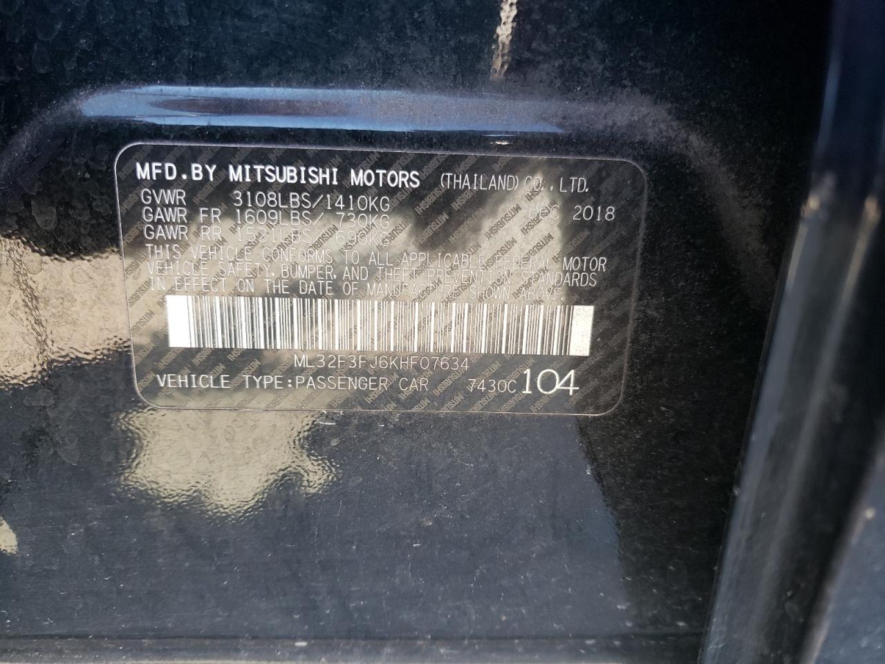 Photo 10 from auction – 2019 MITSUBISHI MIRAGE G4 with VIN ML32F3FJ6KHF07634