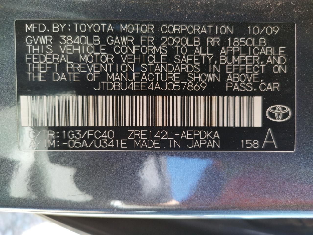 Photo 10 from auction – 2010 TOYOTA COROLLA BA with VIN JTDBU4EE4AJ057869