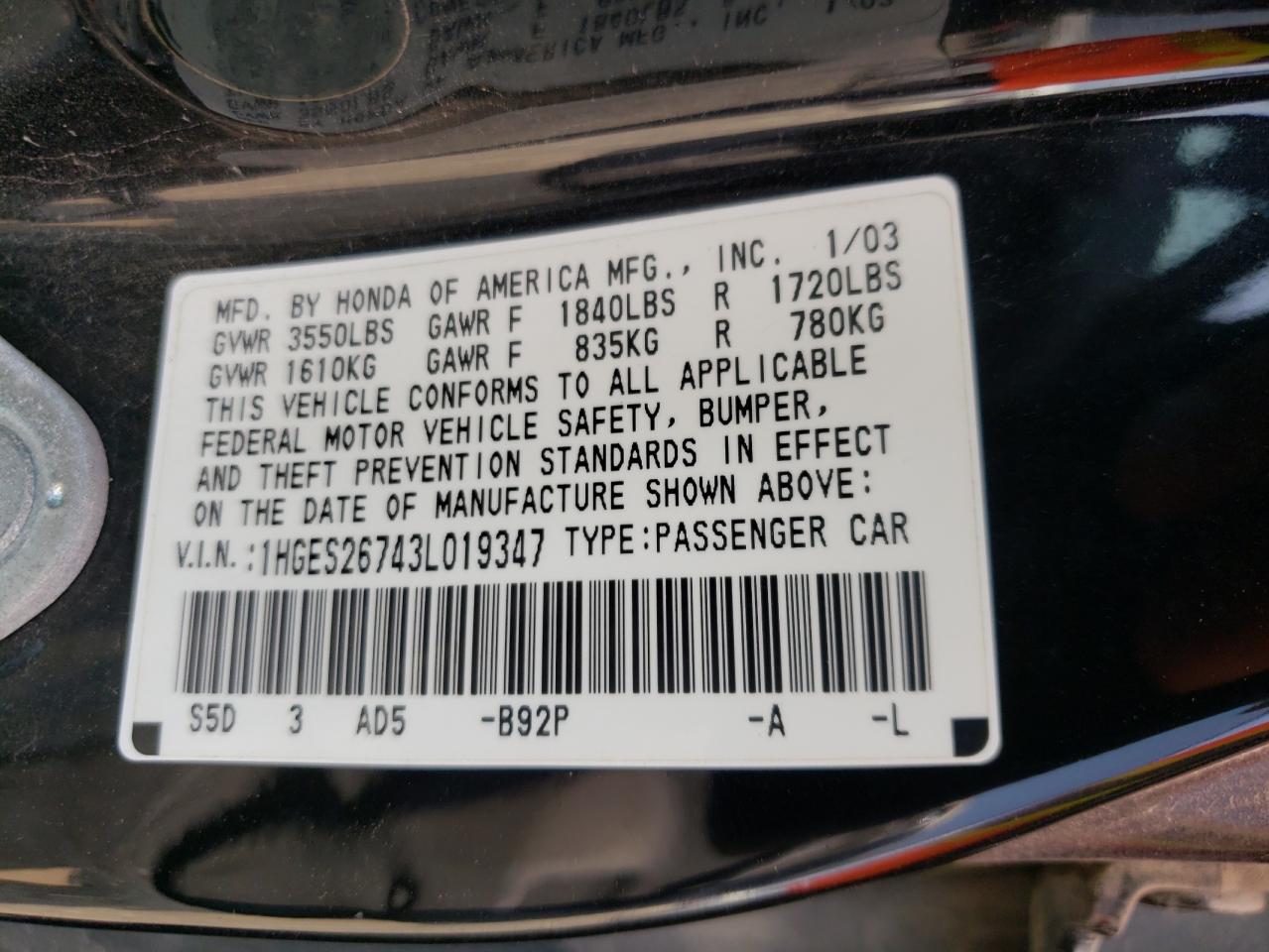 Photo 10 from auction – 2003 HONDA CIVIC EX with VIN 1HGES26743L019347