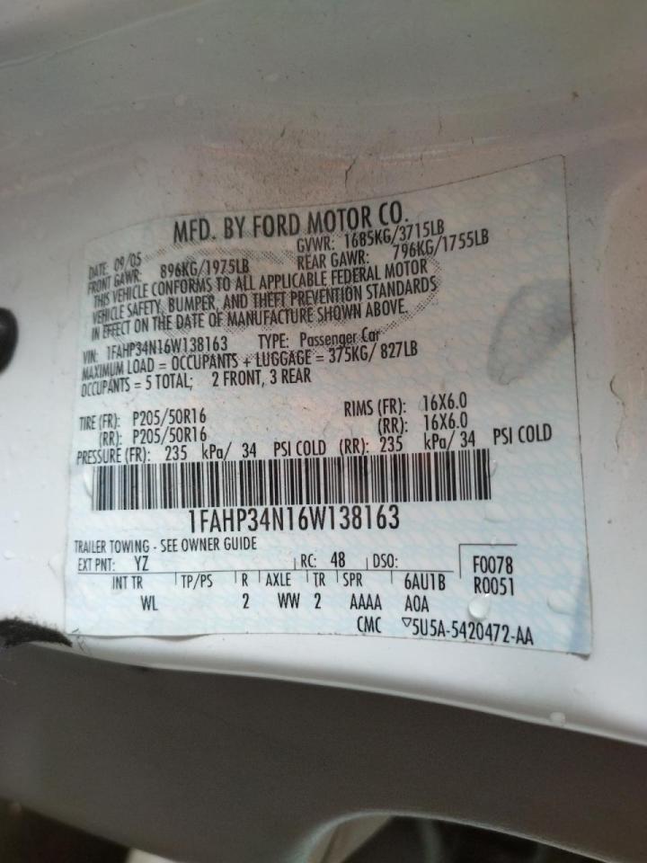 Photo 10 from auction – 2006 FORD FOCUS ZX4 with VIN 1FAHP34N16W138163