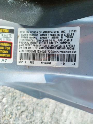 Photo 10 from auction – 2004 HONDA CIVIC EX with VIN 1HGEM219X4L017204