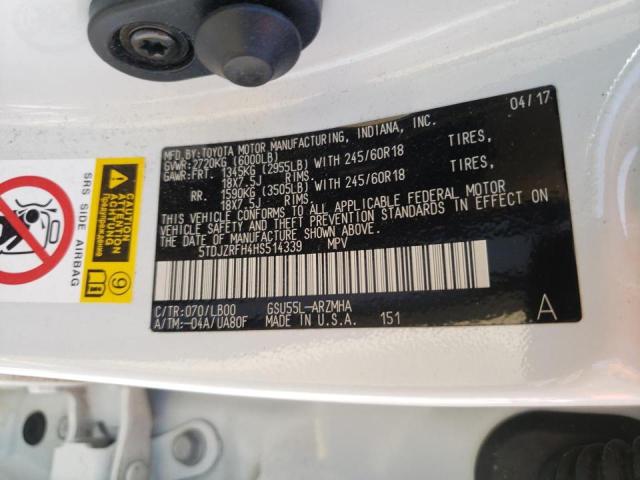 Photo 10 from auction – 2017 TOYOTA HIGHLANDER with VIN 5TDJZRFH4HS514339