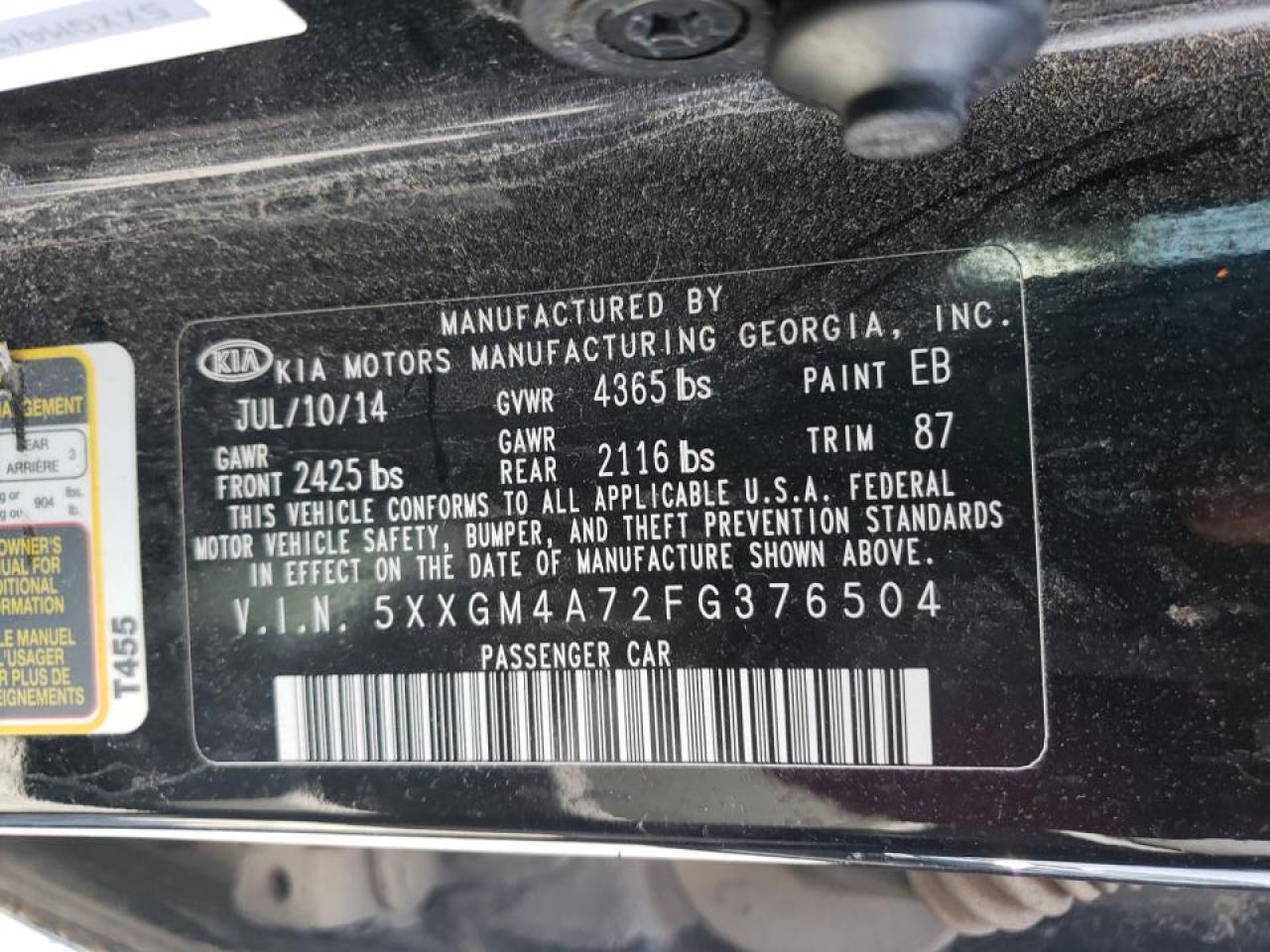 Photo 10 from auction – 2015 KIA OPTIMA LX with VIN 5XXGM4A72FG376504